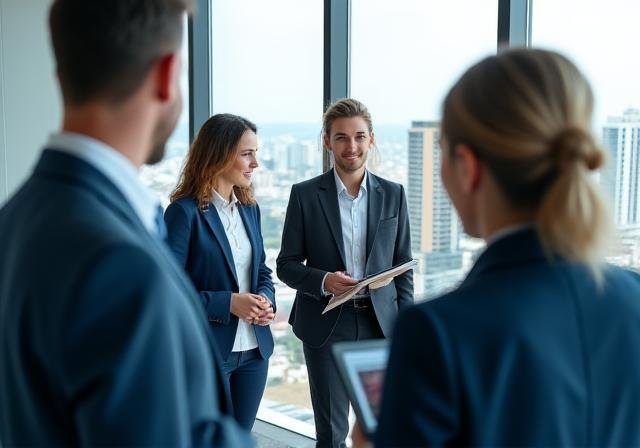 Diverse professional team collaborating in a modern hybrid workspace