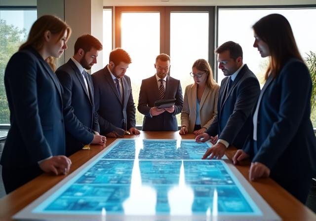 Team collaborating on a strategic roadmap in a modern office environment