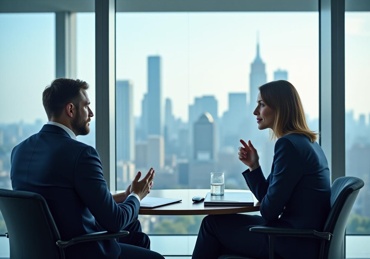 Executive professionals discussing strategic planning in a modern office