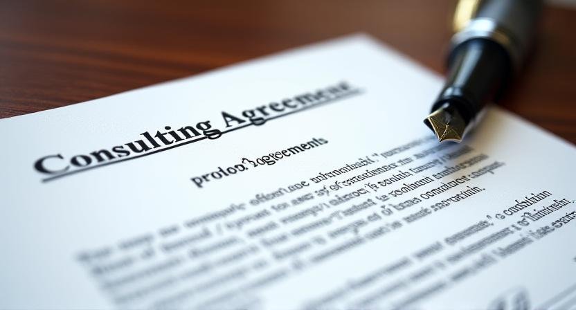 Close up of a professional consulting agreement and a fountain pen on a mahogany desk